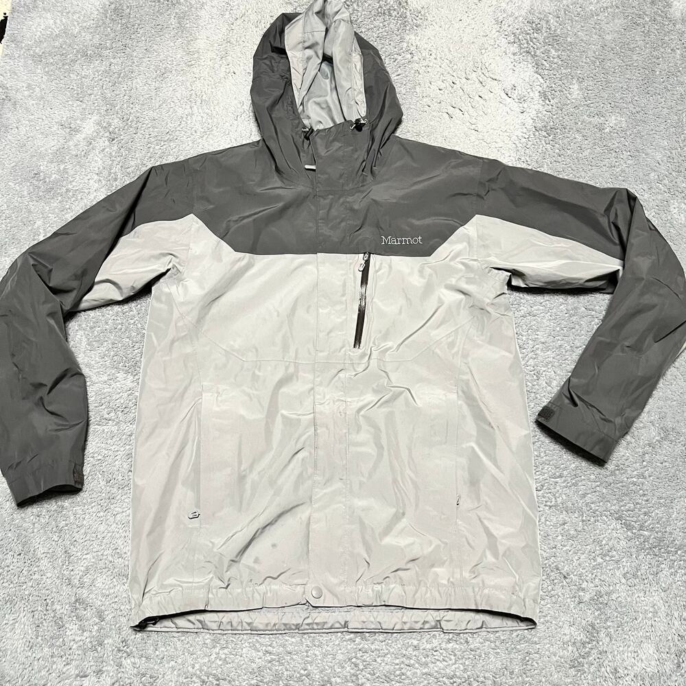 Marmot Jacket Mens Medium Gray Lightweight Hooded Windbreaker *stain